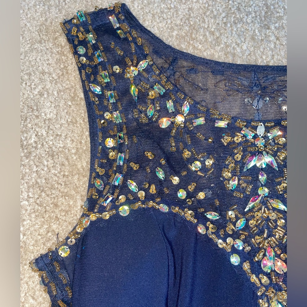 Betsy & Adam | Navy Prom Dress with Peach lining, Gold Beading Sheer Detail Sz 4
